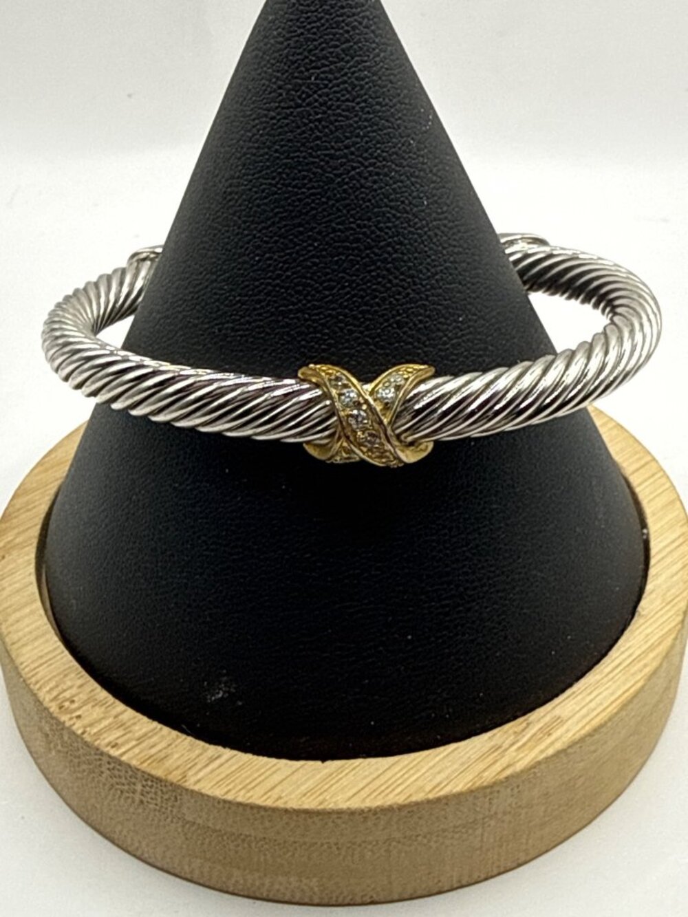 Two Tone Twisted Cable Cuff Bracelet Silver & Gold Criss Cross Diamond Accent X